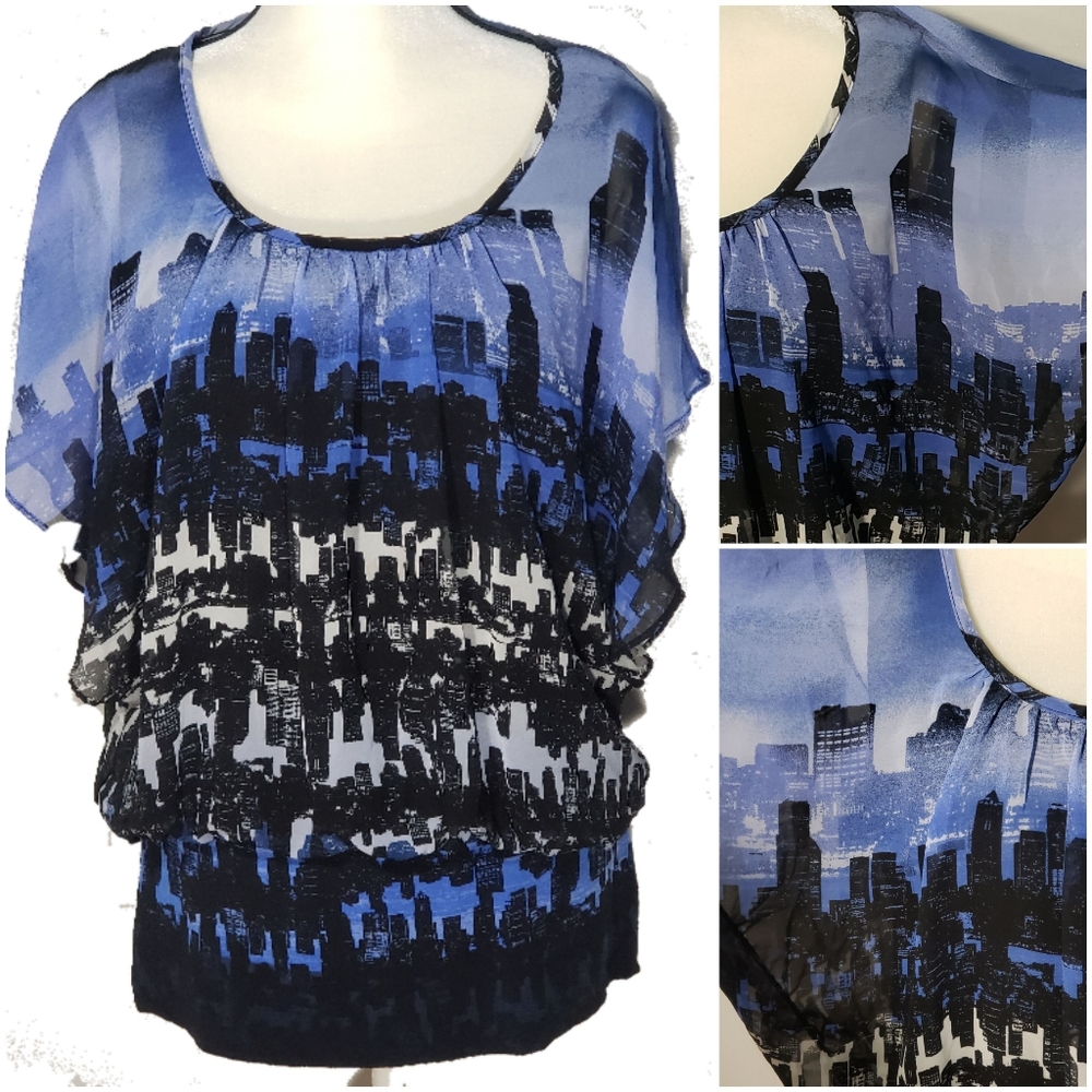 Style & Co. Womens Blouse Blue Abstract Skyline
